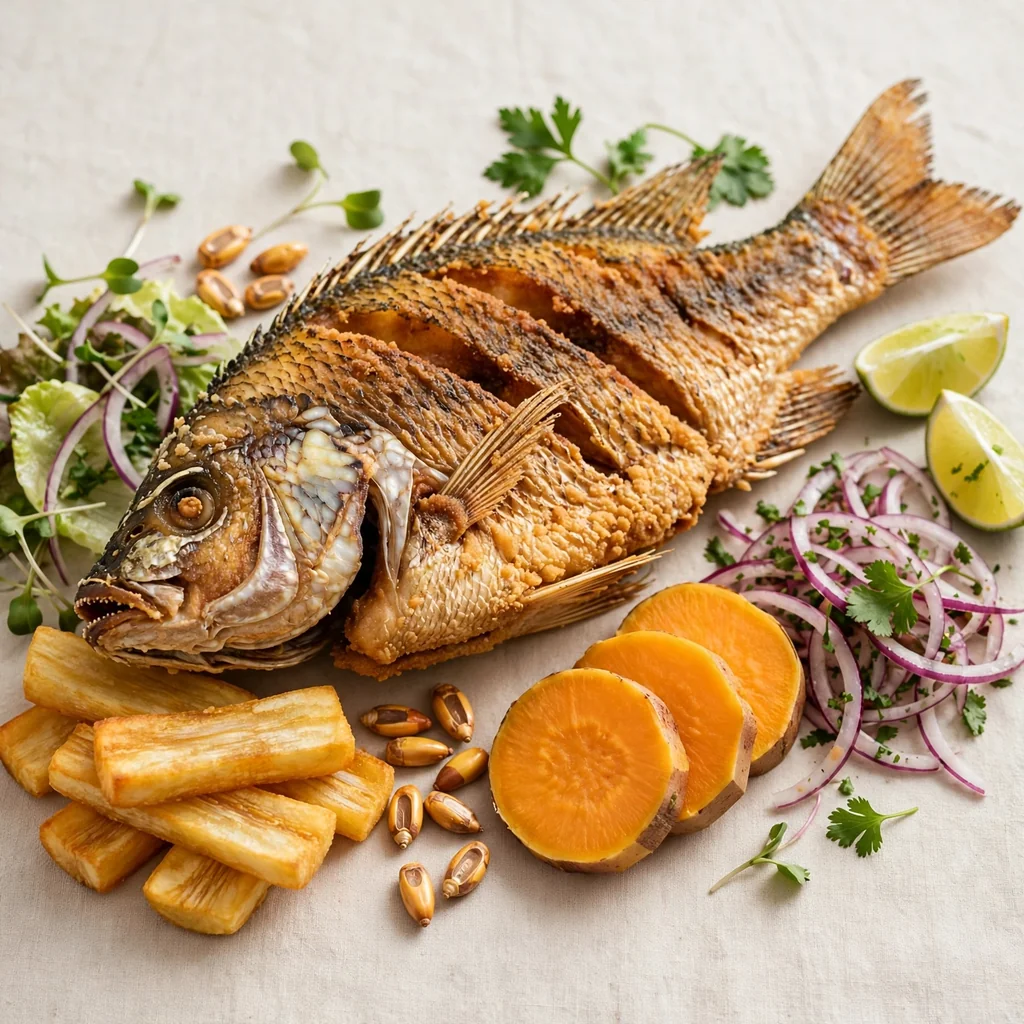 Pescado frito con guarnición
