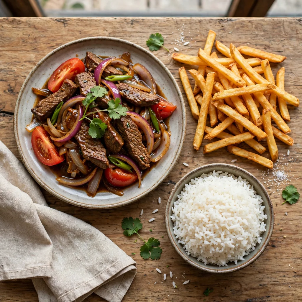 Lomo Saltado con Papas Fritas y Arroz