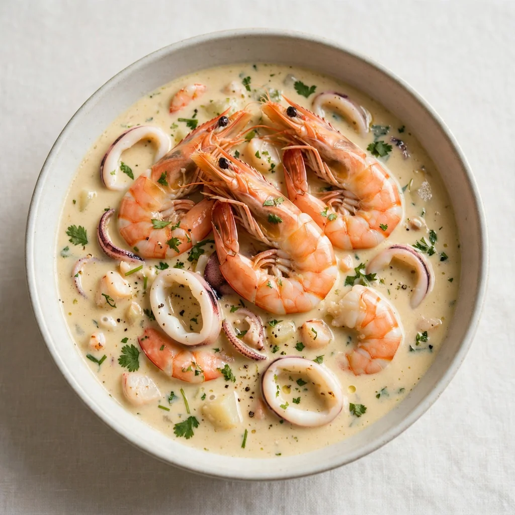 Crema de Mariscos - Sopa Cremosa con Langostinos y Calamares