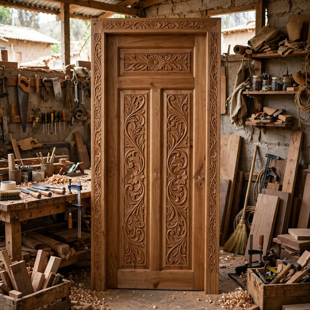 Puerta de madera tallada con marco incluido