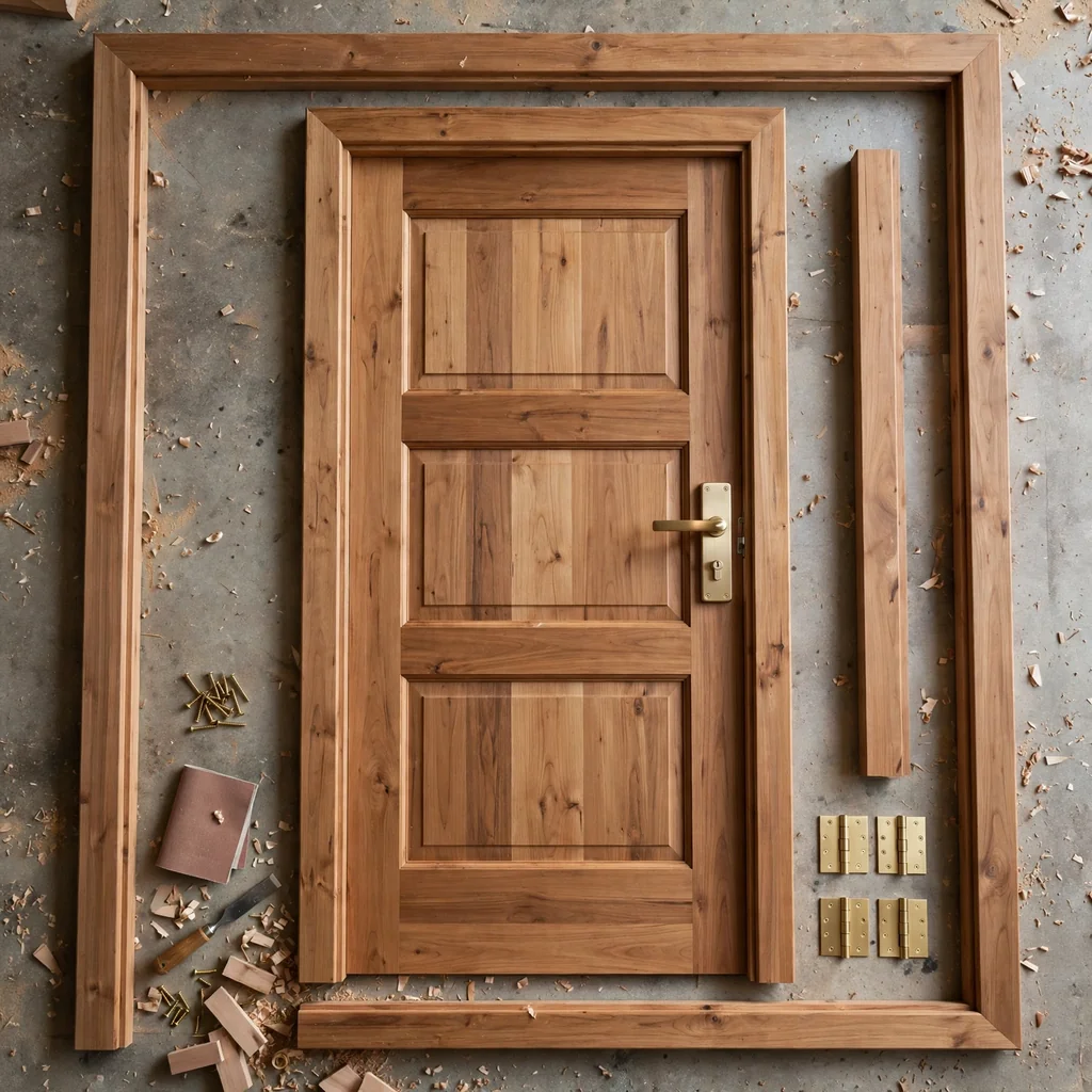 Puerta de madera con marco y chapa