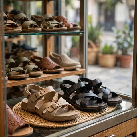 Sandalias casuales y calzado en vitrina