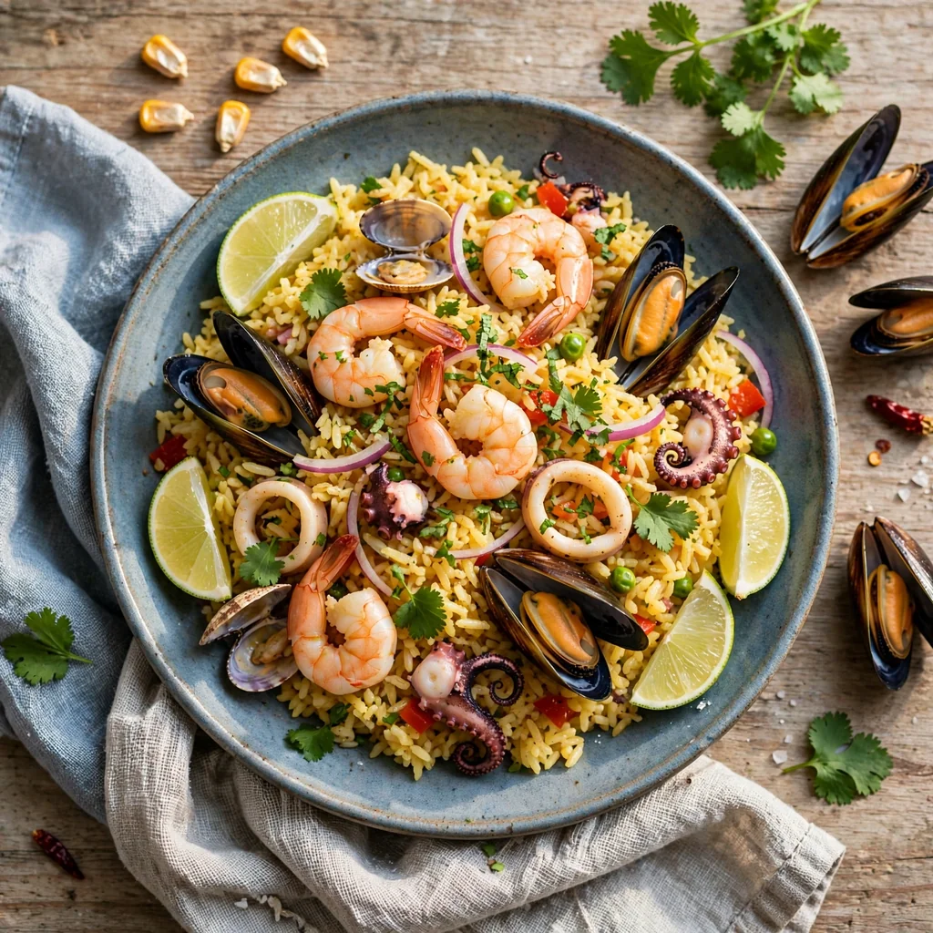 Arroz preparado con mariscos frescos