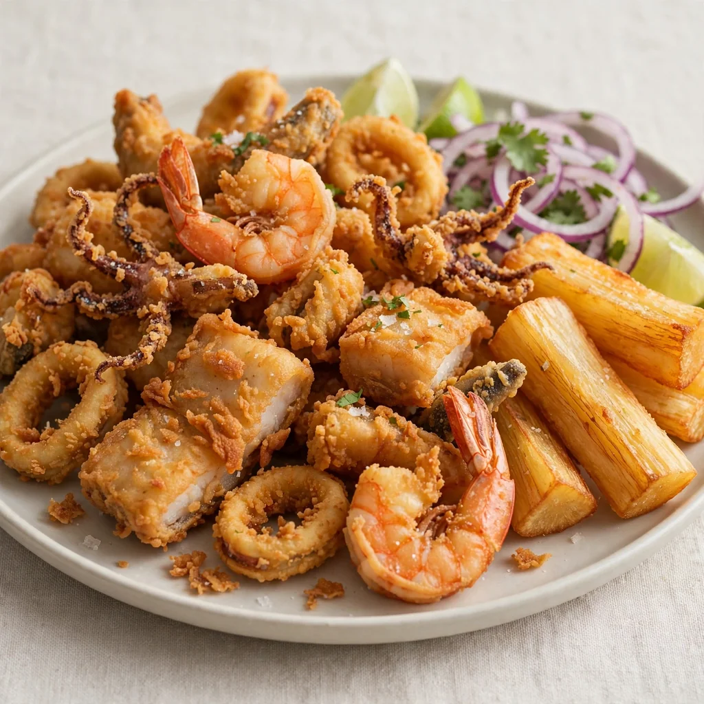 Jalea crujiente de mariscos con yuca