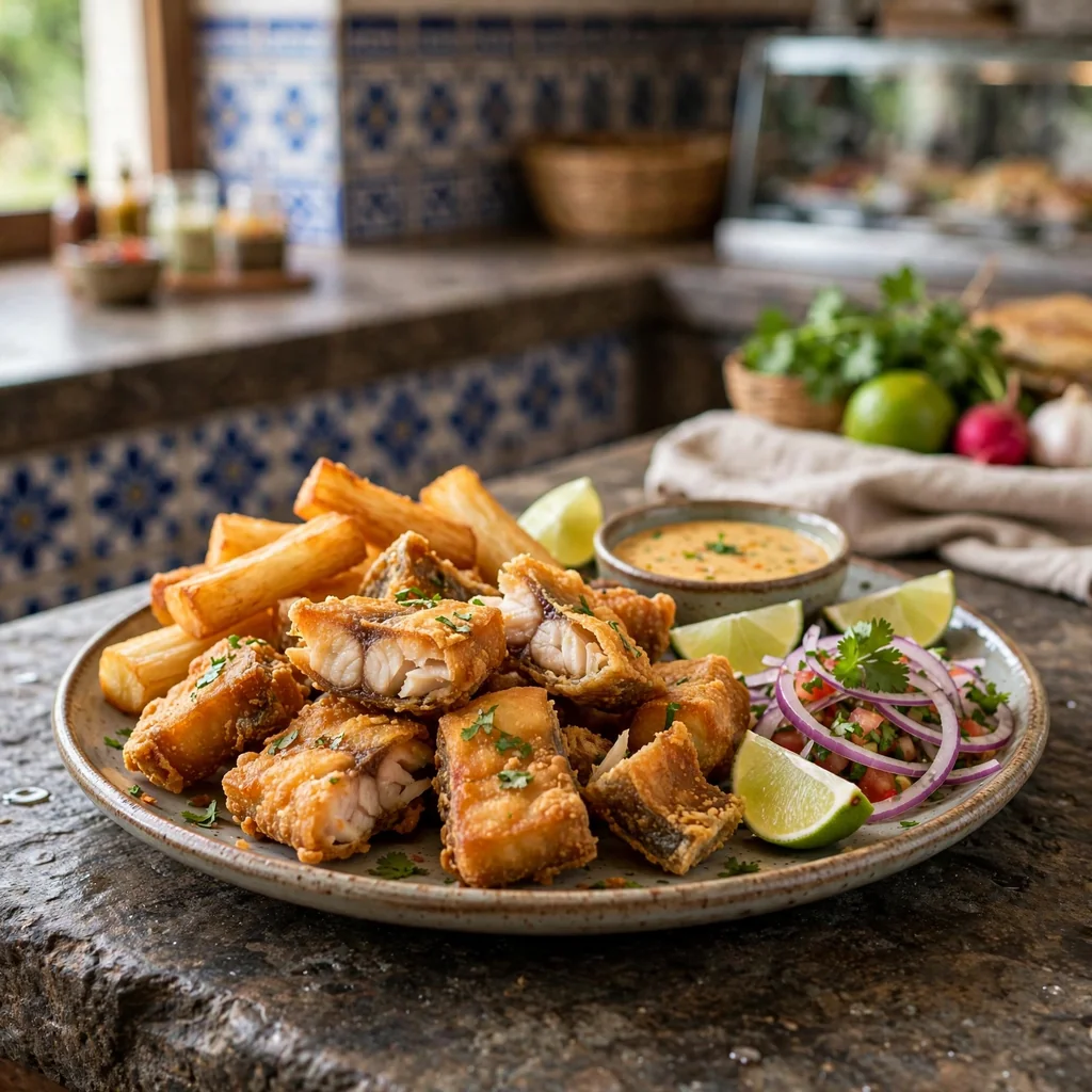 Chicharrón crujiente de pescado con yuca