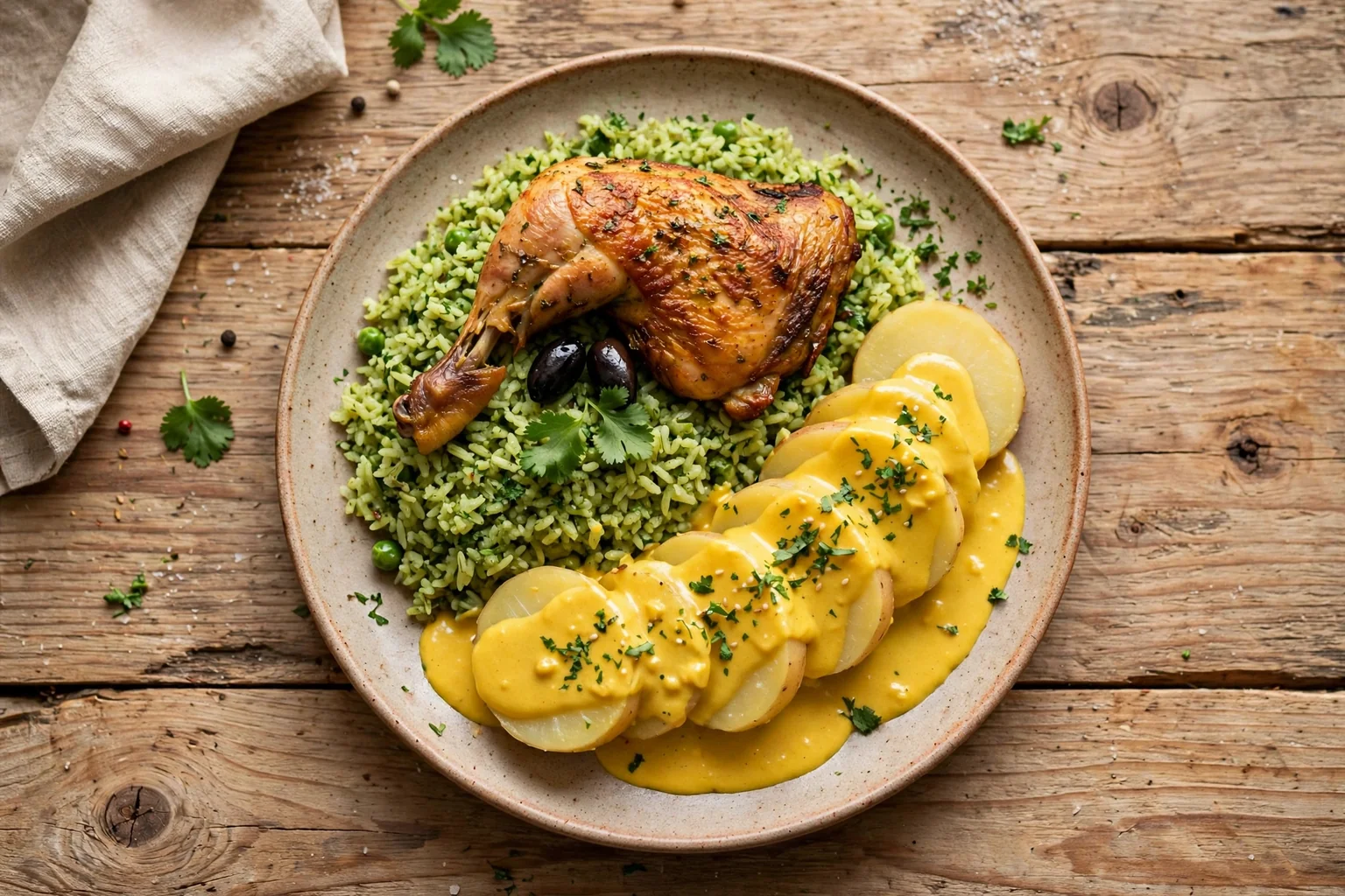 Arroz con pollo tradicional con papa huancaina