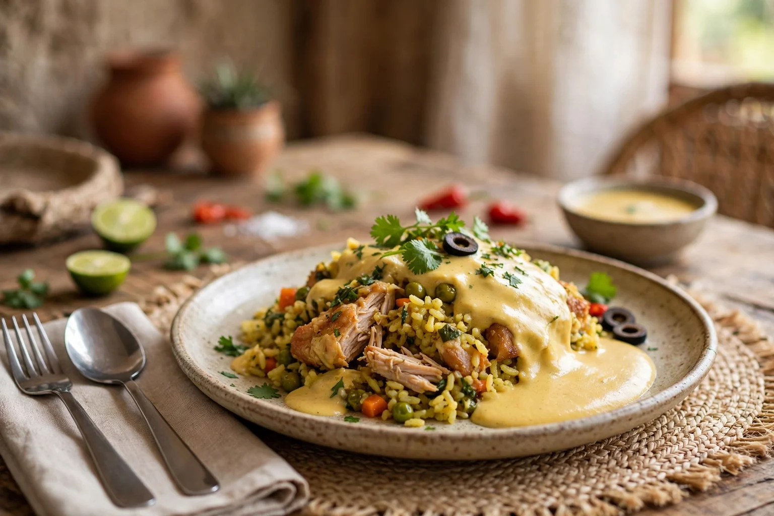 Arroz con pollo criollo con huancaina