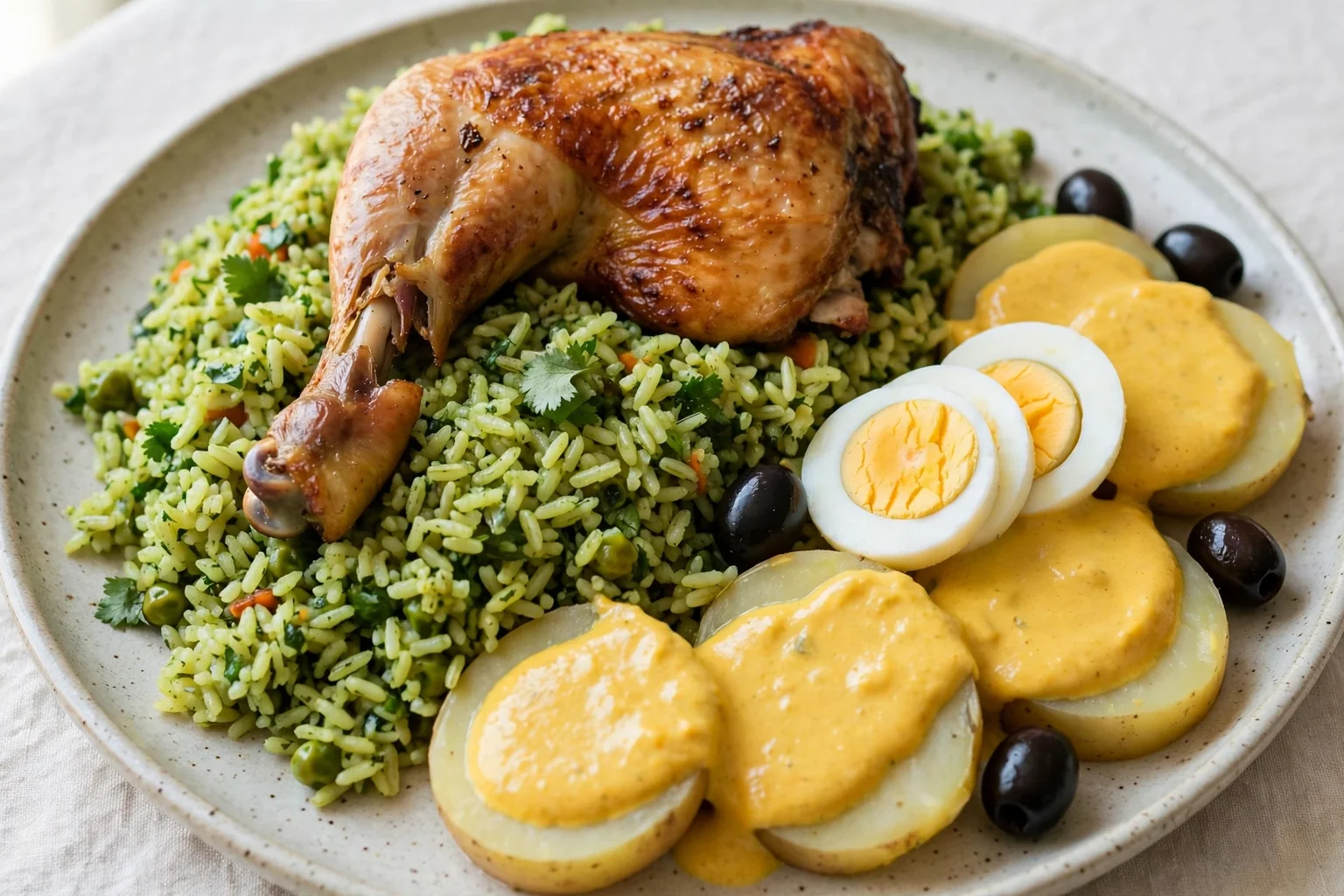 Arroz con pollo criollo con huancaina