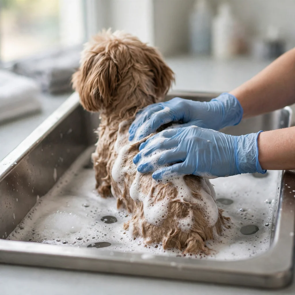 Bano medicado en banera de veterinaria