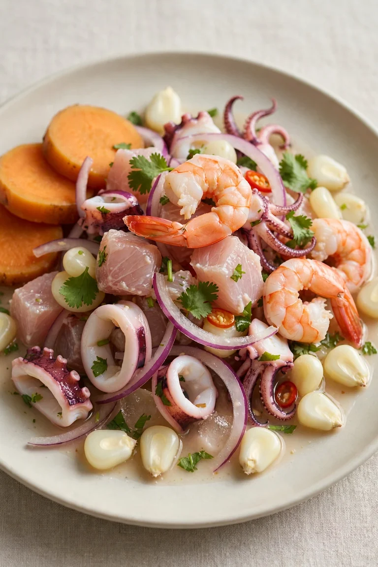 Ceviche mixto de pescado y mariscos