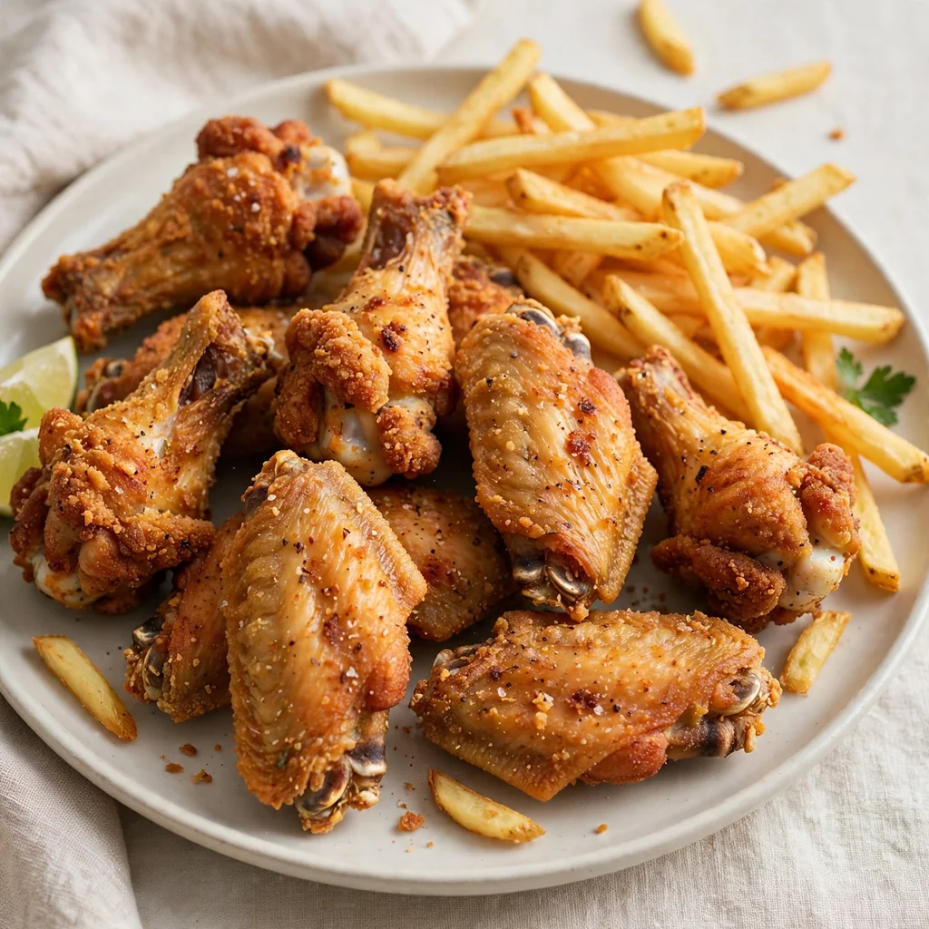 Alitas broaster crujientes con papas fritas