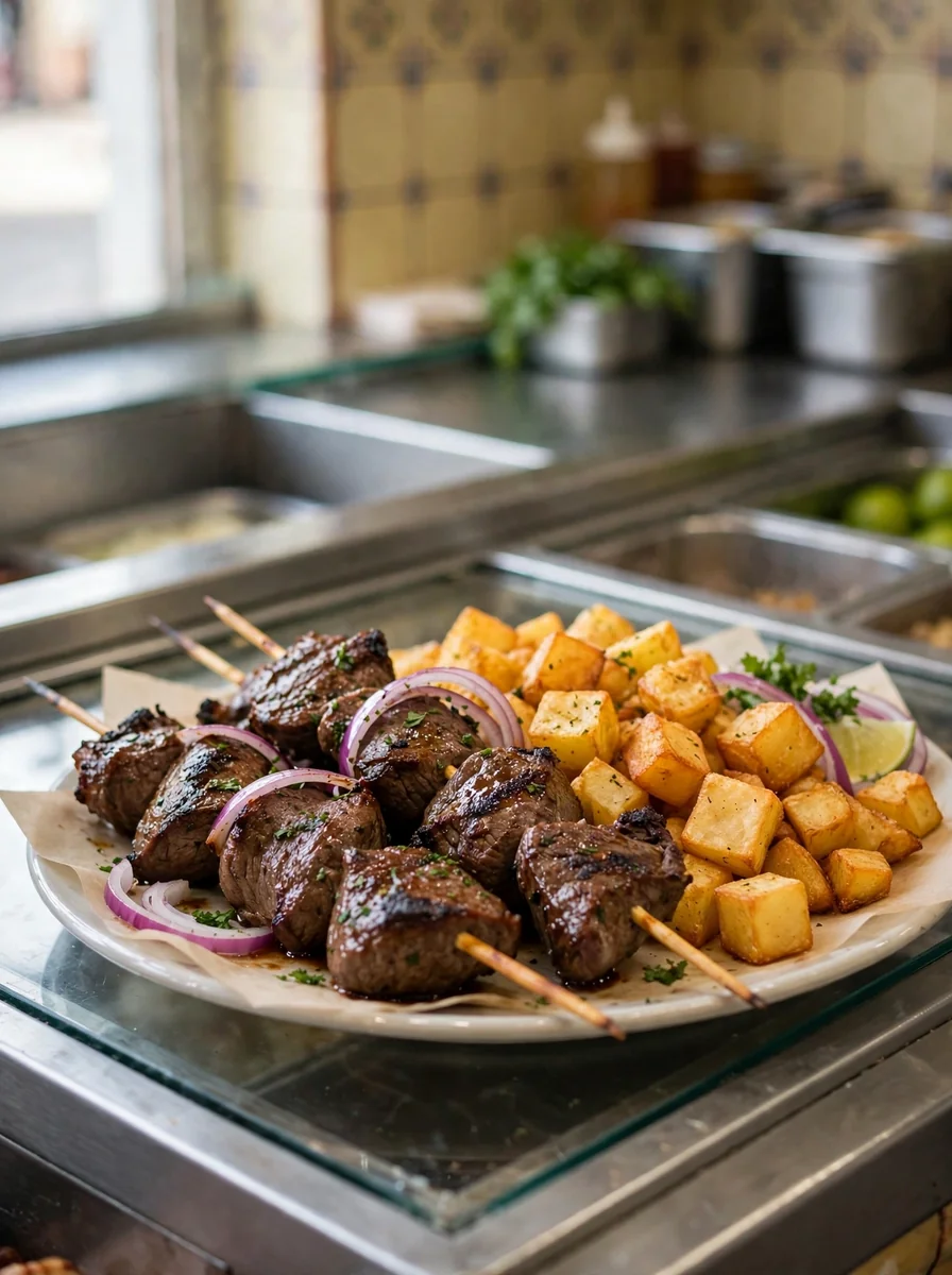 Porcion de anticuchos con papas doradas