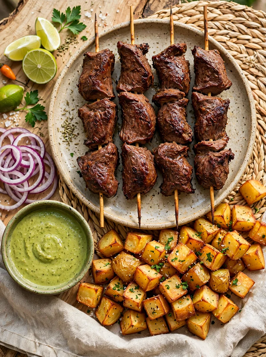Anticuchos de corazón con papas doradas