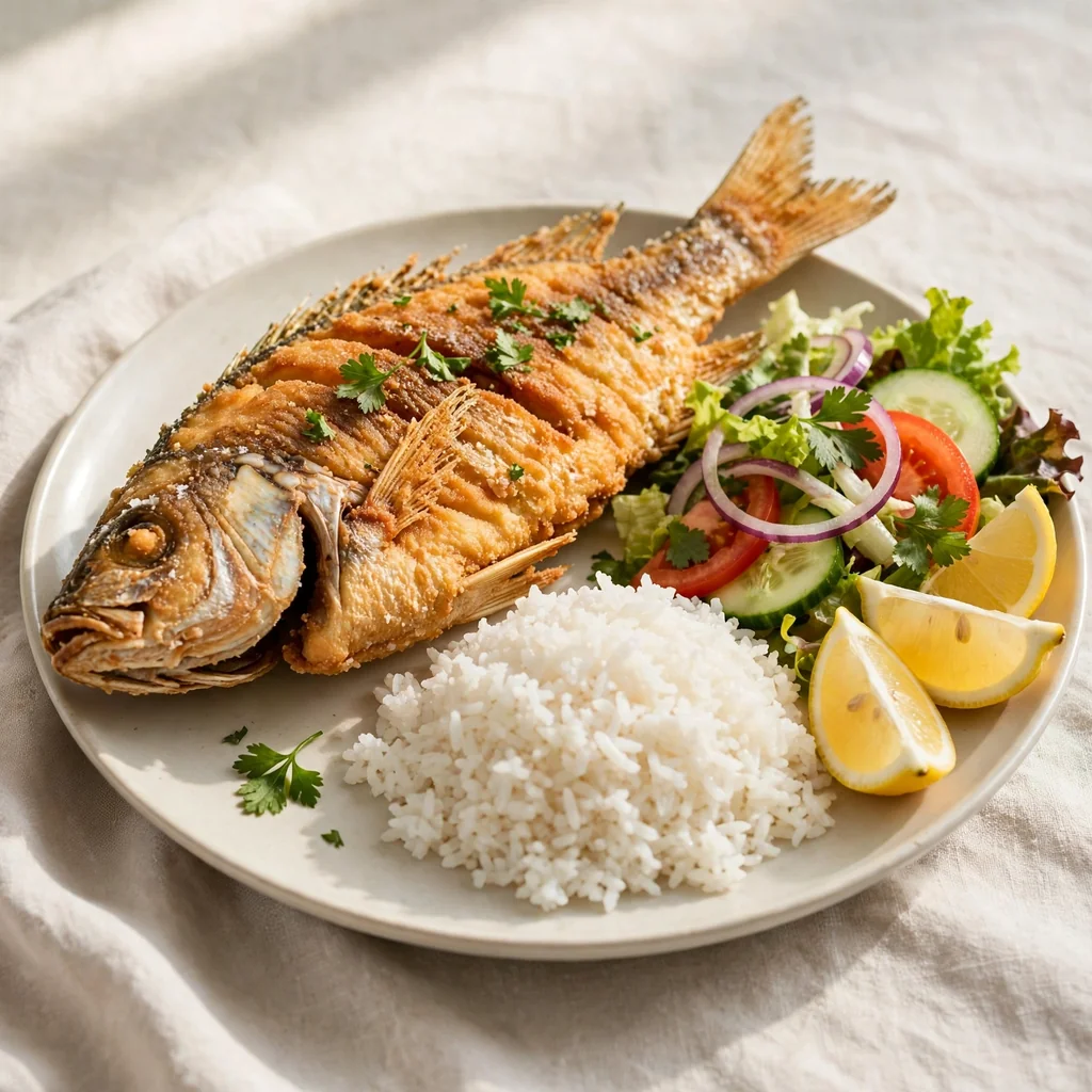 Pescado frito con guarnición completa