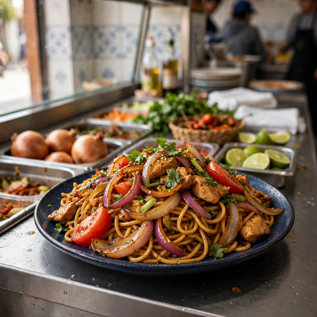 Tallarín saltado de pollo fresco