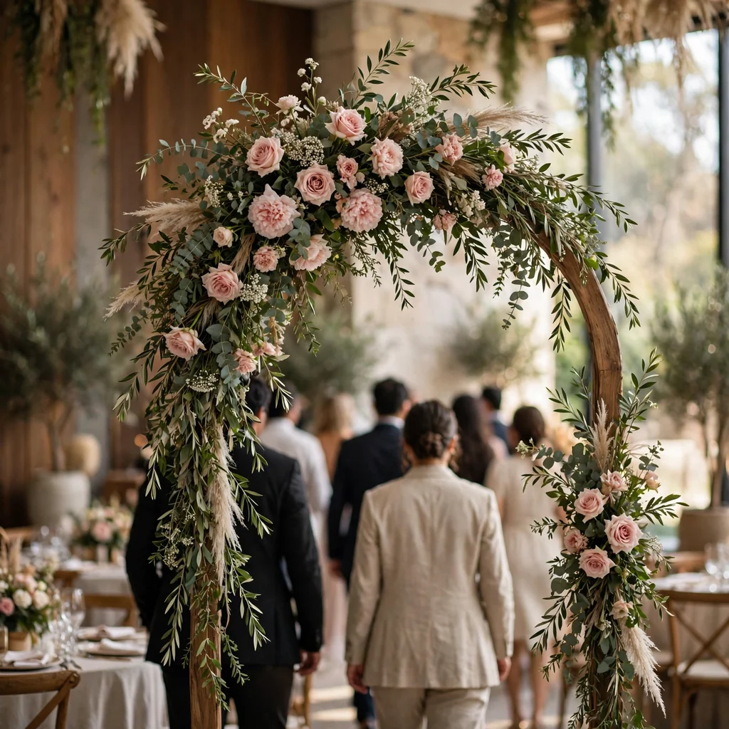Decoración de boda con arco de flores