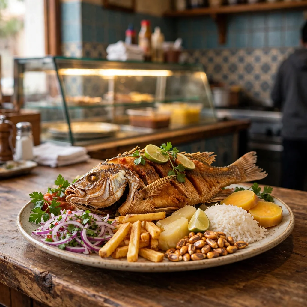 Pescado frito con guarnición completa