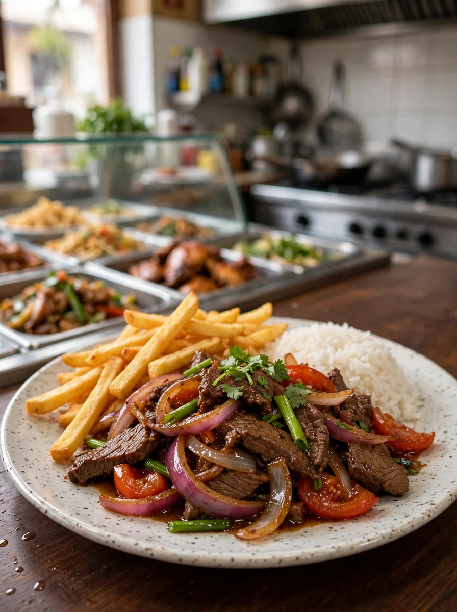 Lomo saltado con papas y arroz