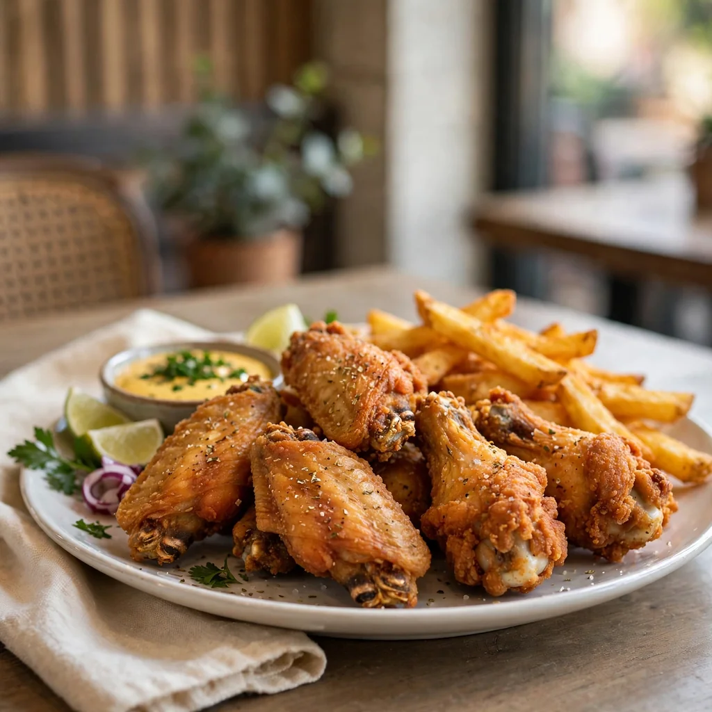 Alitas broaster con papas fritas