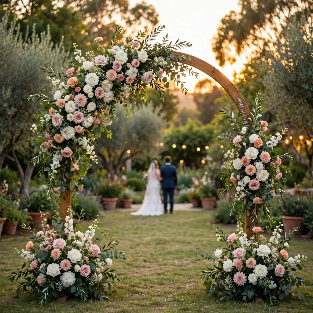 Decoración para bodas con arco floral