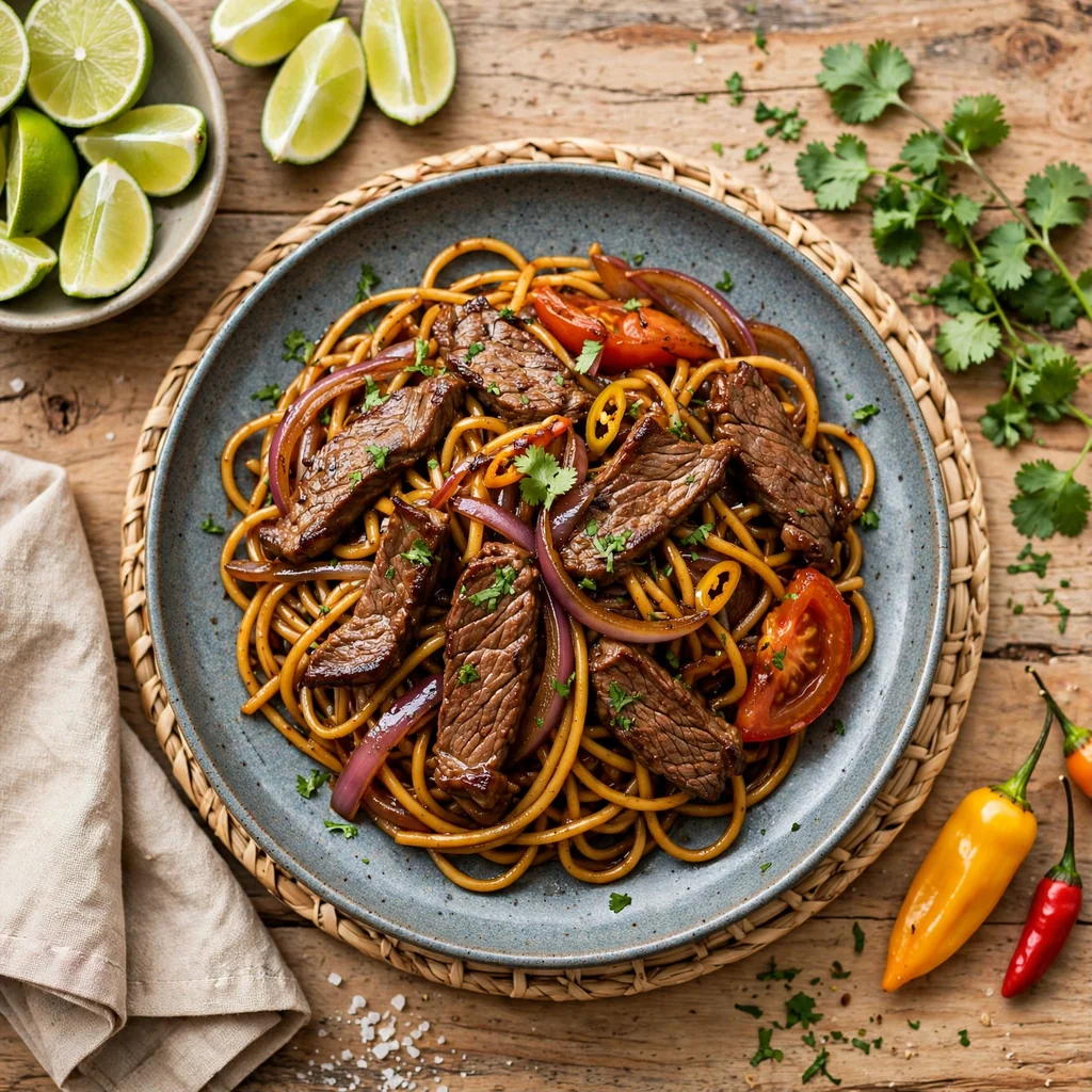Tallarín saltado con carne jugosa