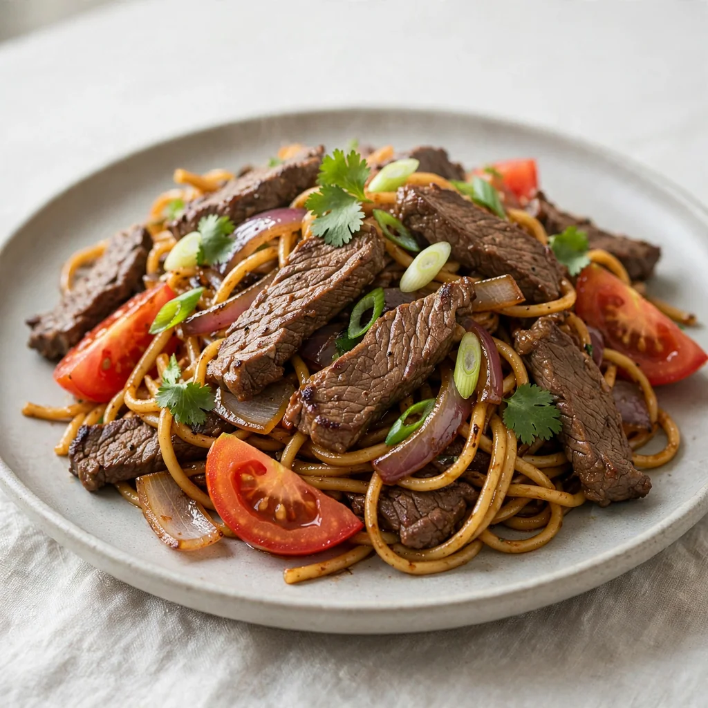 Tallarín saltado con carne jugosa
