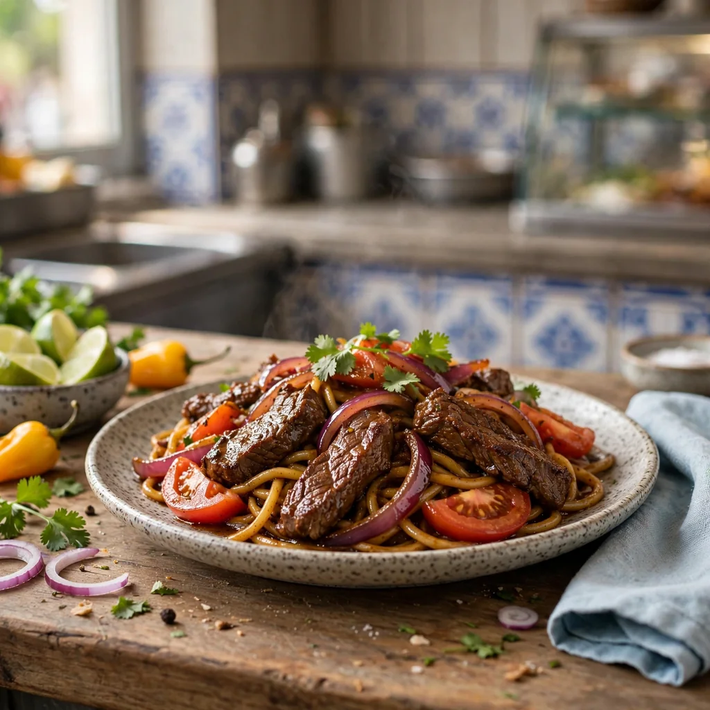 Tallarín saltado con carne jugosa