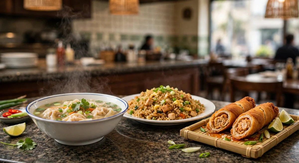 Sopa wantán con chaufa con enrollado de pollo