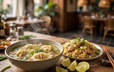 Sopa wantán con chaufa con pollo y limón kai