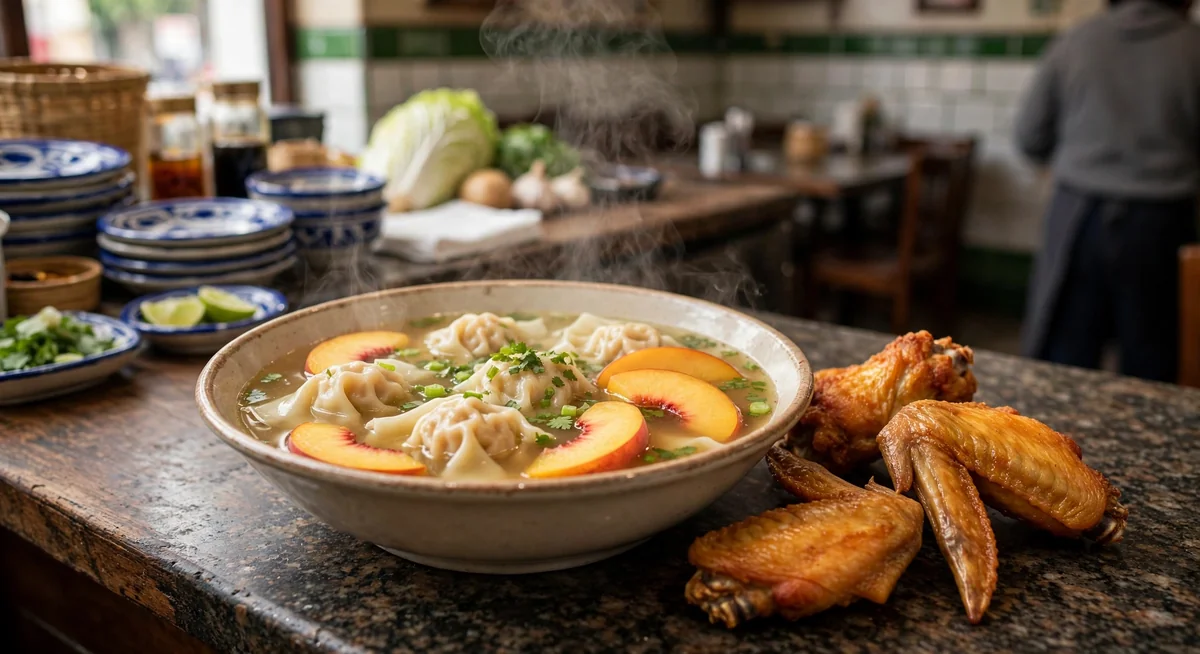 Sopa wantán con alitas con durazno