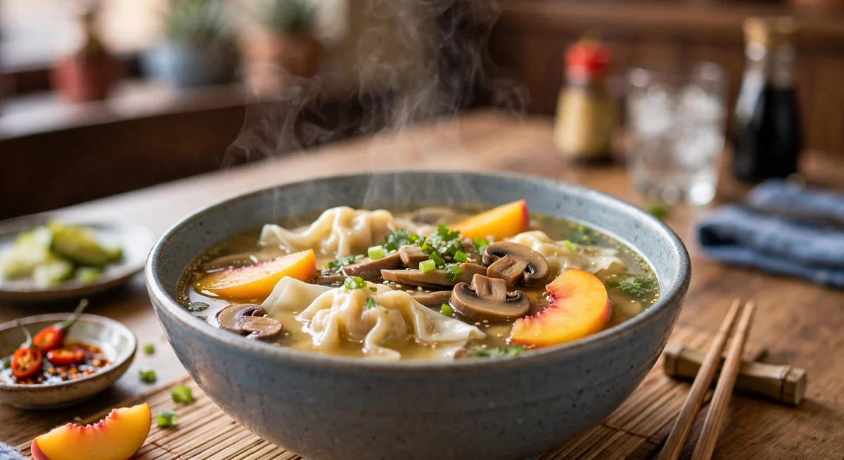 Sopa wantán con tipakay con durazno
