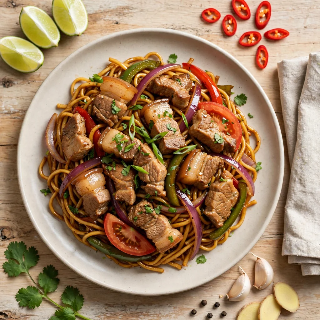 Tallarín saltado de chancho