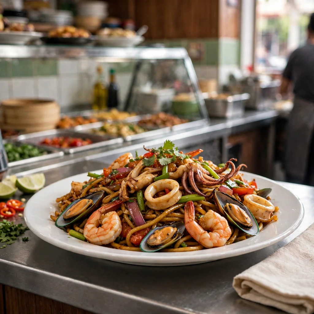 Tallarín saltado de mariscos