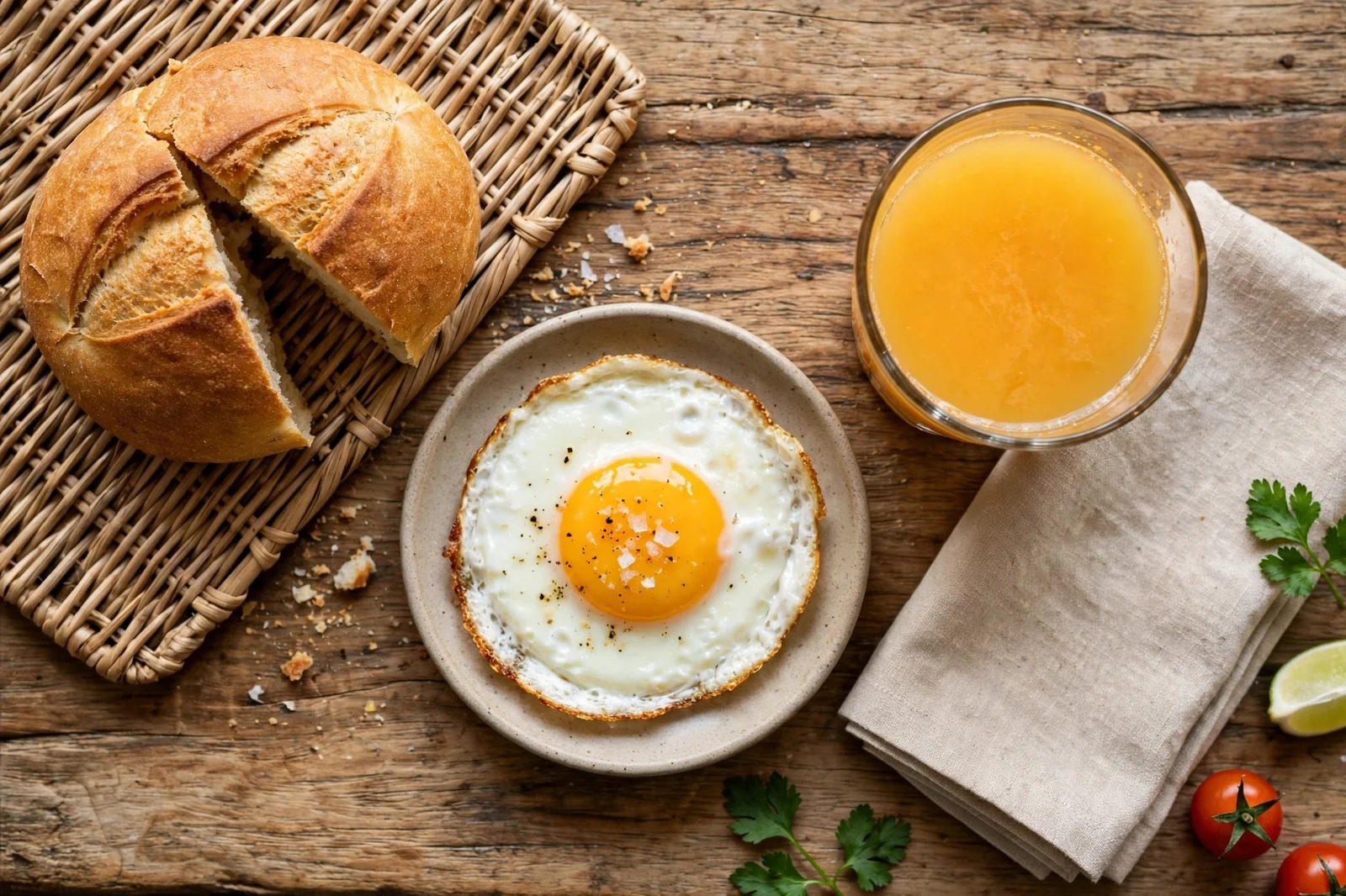 Desayuno completo con pan huevo y jugo