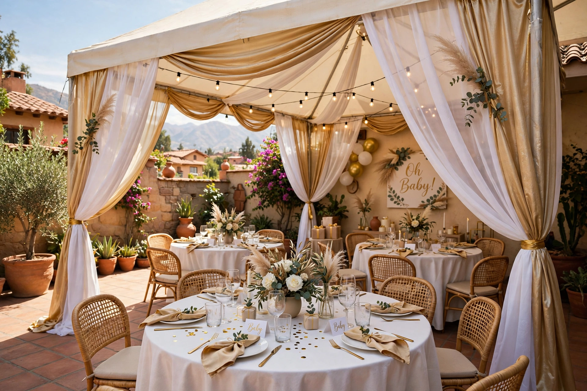 Alquiler de toldo estructurado decorado blanco y dorado para baby shower en Coishco
