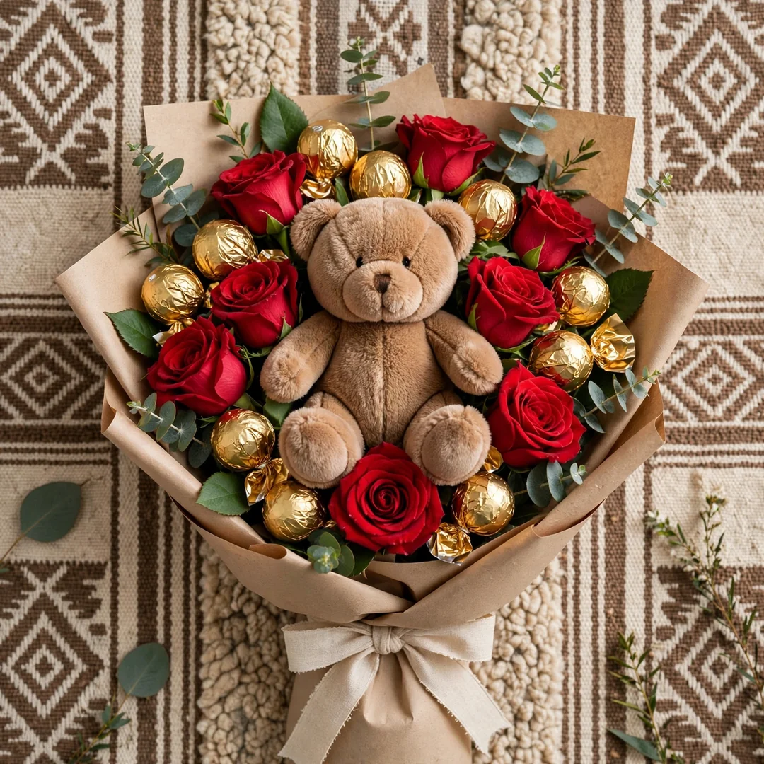Ramo de peluche con rosas y chocolates