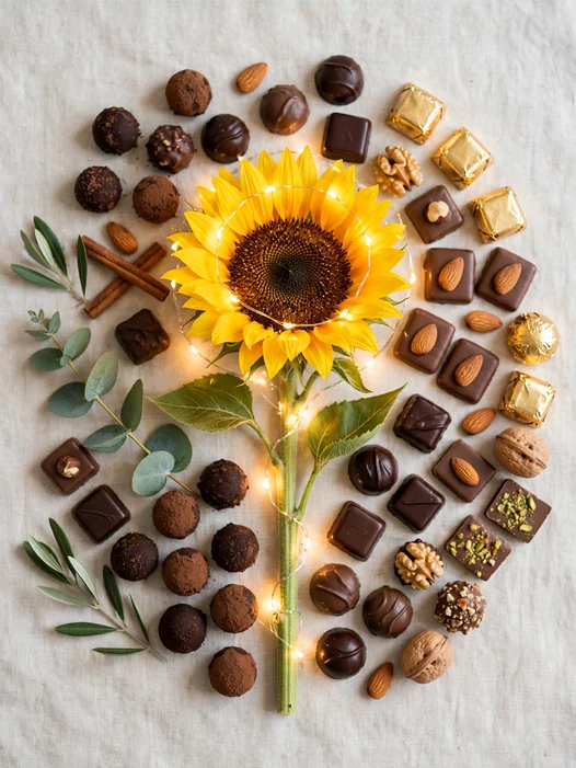 Detalle de girasol iluminado con chocolates
