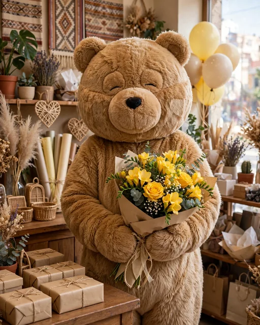 Visita sorpresa con osita y ramo de flores amarillas