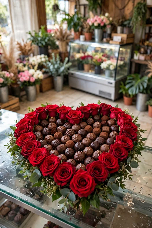 Arreglo de chocolates con rosas en forma de corazón