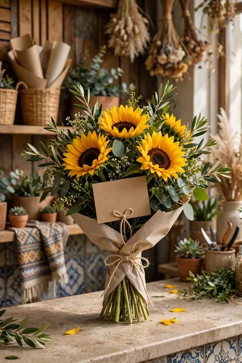 Ramo de girasoles con tarjeta de mensaje