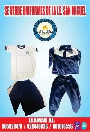Uniforme de la I.E. San Miguel: camiseta, short y buzo azul marino