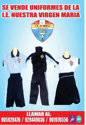 Uniformes de la I.E. Nuestra Virgen María: polo, short, falda y buzo con capucha