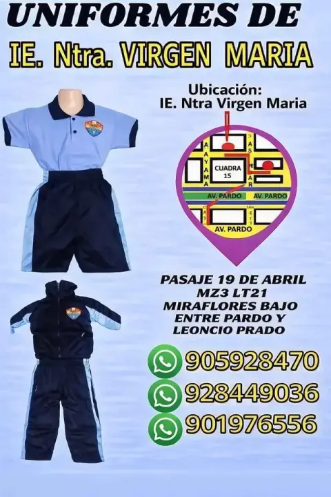 Uniformes escolares hechos a medida en Chimbote: polos, buzos, shorts, faldas y mandiles con el escudo bordado del colegio (Uniformes Eliada · WhatsApp 928 449 036)
