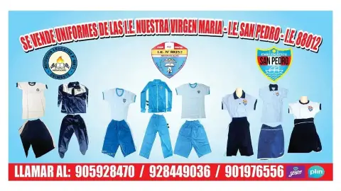 Uniformes escolares hechos a medida en Chimbote: polos, buzos, shorts, faldas y mandiles con el escudo bordado del colegio (Uniformes Eliada · WhatsApp 928 449 036)