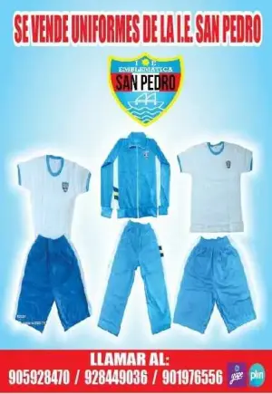 Uniformes escolares hechos a medida en Chimbote: polos, buzos, shorts, faldas y mandiles con el escudo bordado del colegio (Uniformes Eliada · WhatsApp 928 449 036)