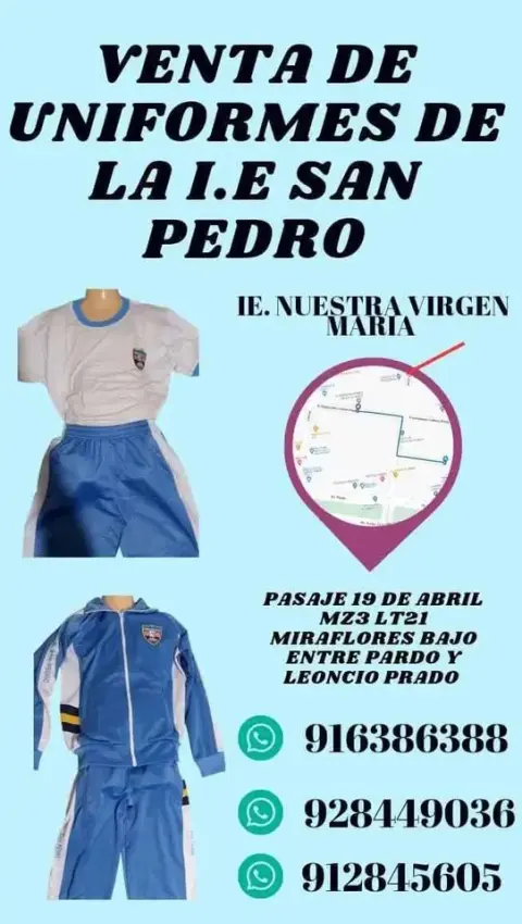 Uniformes escolares hechos a medida en Chimbote: polos, buzos, shorts, faldas y mandiles con el escudo bordado del colegio (Uniformes Eliada · WhatsApp 928 449 036)