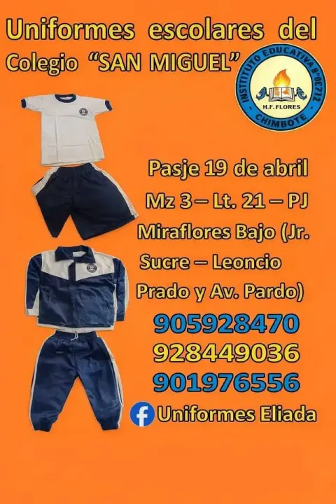 Uniformes escolares hechos a medida en Chimbote: polos, buzos, shorts, faldas y mandiles con el escudo bordado del colegio (Uniformes Eliada · WhatsApp 928 449 036)