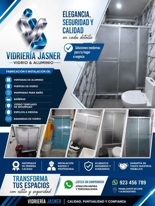 Vidriería Jasner en Chimbote: mamparas Serie 80, sistema directo, ventanas y puertas de aluminio, espejos a medida y vidrio templado