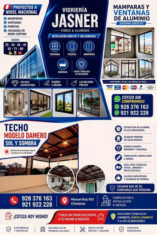 Vidriería Jasner en Chimbote: mamparas Serie 80, sistema directo, ventanas y puertas de aluminio, espejos a medida y vidrio templado