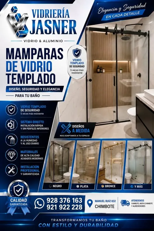 Vidriería Jasner en Chimbote: techos de aluminio Sol y Sombra, ventanas serie europea, puertas plegables y mamparas de vidrio templado